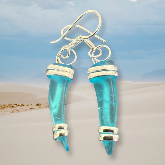 Aqua Blue and Cobalt Blue Pompano Beach Glass Freeform Pierced Earrings - Picture 2 of 4